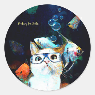 Adesivo Redondo Cat Fish Sushi Humor Engraçado Fantasy Round Stick