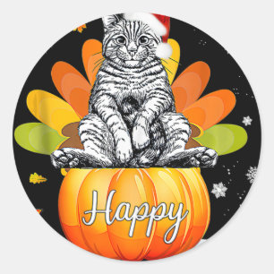 Adesivo Redondo Cat Halloween Ação de Graças Feliz Hallo T