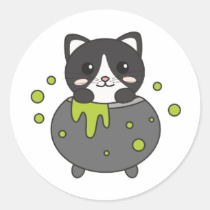 Adesivo Redondo Cat Happy Halloween Cauldron Bat