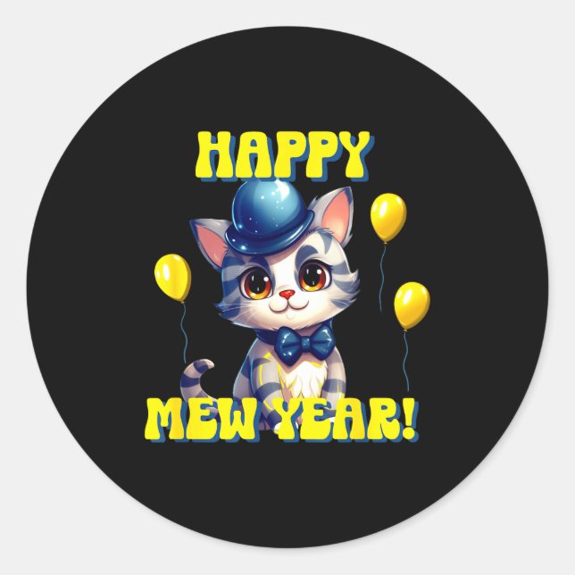 Adesivo Redondo Cat Happy New Year Mew Year Funny New Years Party  (Frente)