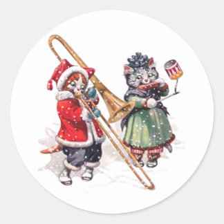 Adesivo Redondo Cat Joga Trombone na Neve