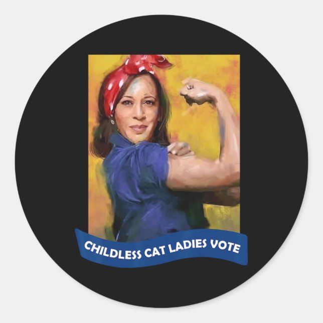 Adesivo Redondo Cat Ladies Vote Kamala 2024 Rosie The Riveter (Frente)