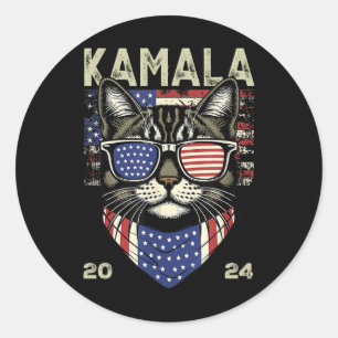 Adesivo Redondo Cat Lady Kamala-harris 2024 - Gato de Bandeira Ame