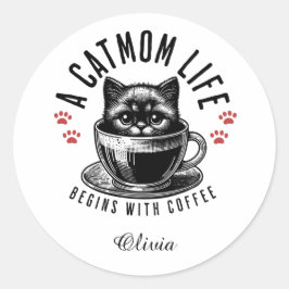 Adesivo Redondo Cat Mãe A Vida Começa com Café - personalizado