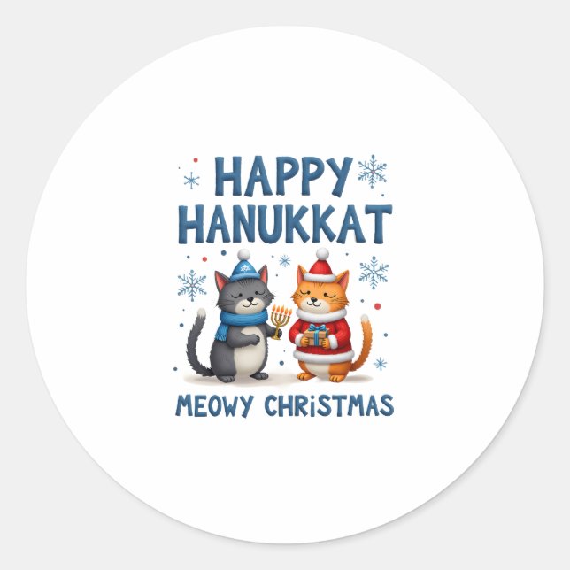 Adesivo Redondo Cat Merry Christmas Happy Hanukkah Jewish Christia (Frente)