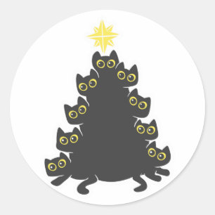 Adesivo Redondo Cat na árvore de Natal - Escolher cor de fundo