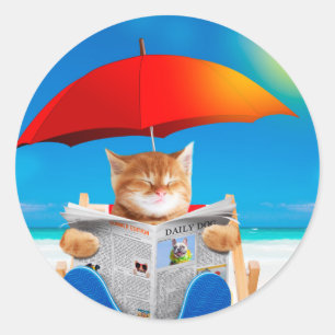 Adesivo Redondo Cat Na Praia Lê O Jornal