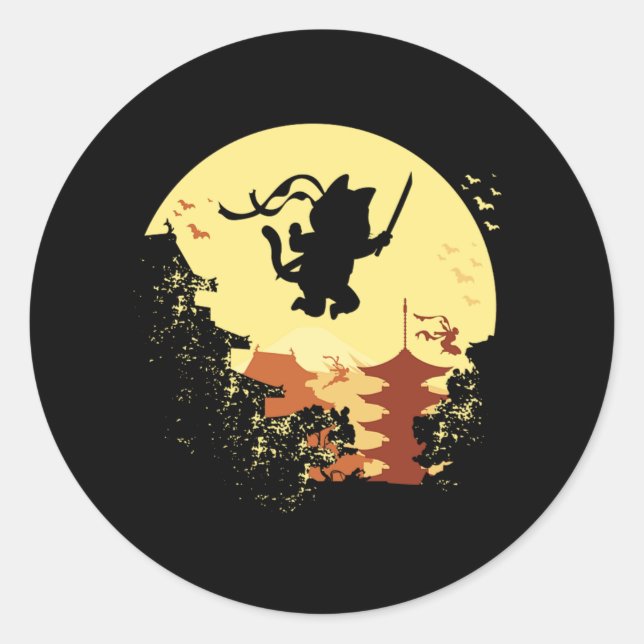 Adesivo Redondo Cat Ninja Samurai Shinobi Kitten Kitty Pet Animal  (Frente)