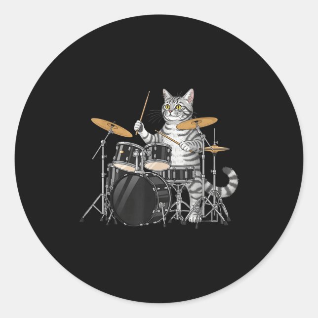 Adesivo Redondo Cat Playing Drums Drumset Drumkit Drumming Drum Dr (Frente)