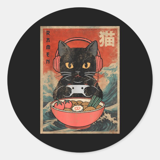 Adesivo Redondo Cat Ramen Japanese Funny Graphic Kawaii Anime  (Frente)