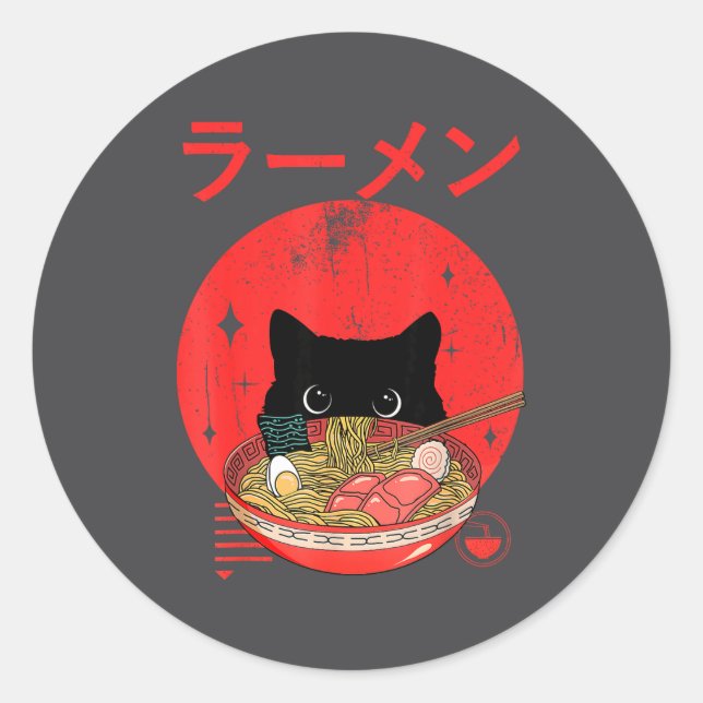 Adesivo Redondo Cat Ramen Japanese Funny Graphic Tees Kawaii Cat A (Frente)