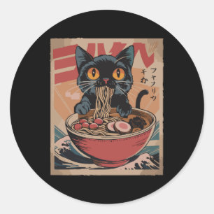 Adesivo Redondo Cat Ramen Japonês Camisetas Gráficas Engraçadas Ka