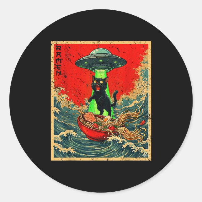 Adesivo Redondo Cat Ramen Ufo Japanese Anime Graphic Tees Men Wome (Frente)