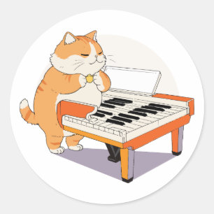 Adesivo Redondo Cat Reproduz O Piano