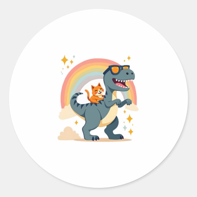 Adesivo Redondo Cat Riding Dinosaur T-Rex Kitten Rainbow Dino Funn (Frente)