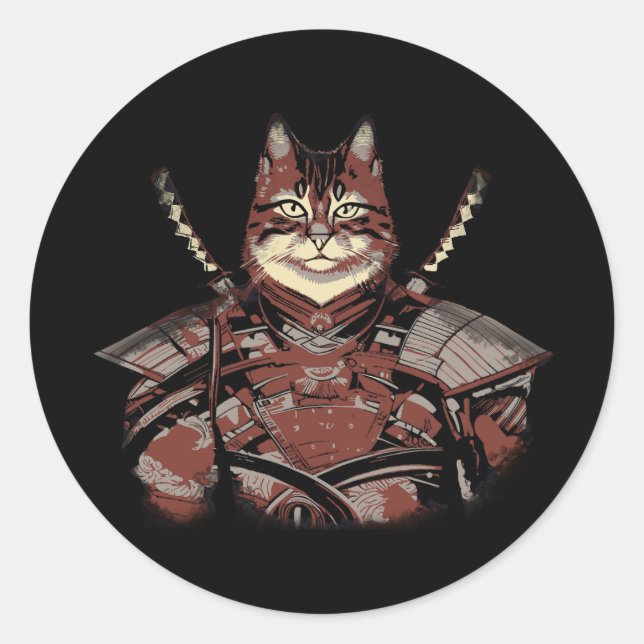 Adesivo Redondo Cat Samurai Warrior Japonês (Frente)
