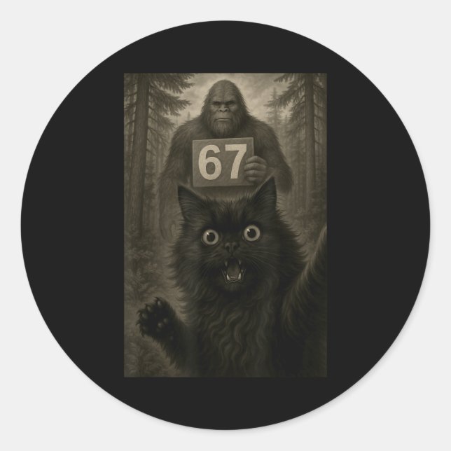 Adesivo Redondo Cat Selfie 67 Meme Six Seven Funny Bigfoot  (Frente)