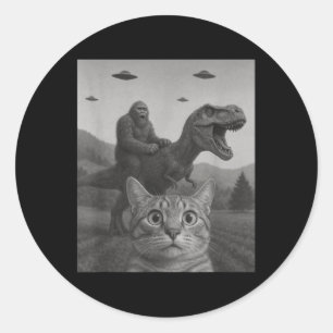Adesivo Redondo Cat Selfie Com Alimento De Dinossauro T-rex Pé-Gra
