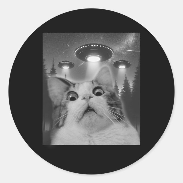 Adesivo Redondo Cat Selfie Com Ufos (Frente)