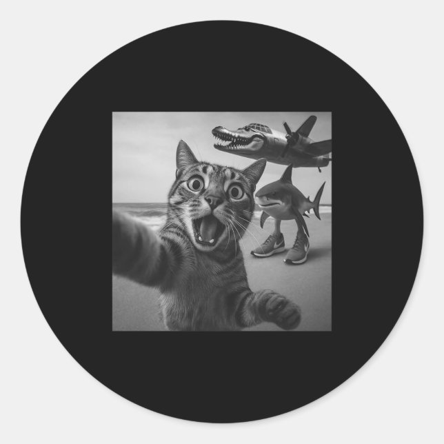 Adesivo Redondo Cat Selfie Shark Crocodile Italian Brainrot Meme M (Frente)