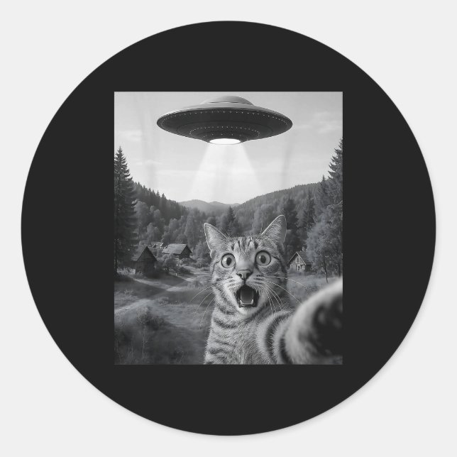 Adesivo Redondo Cat Selfie With Alien Ufo Funny Cat Funny Ed Cat  (Frente)
