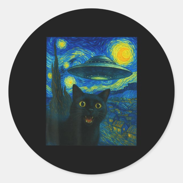 Adesivo Redondo Cat Selfie With Alien Ufo Night Van Gogh Men Women (Frente)