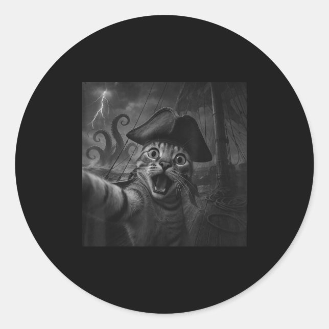 Adesivo Redondo Cat Selfie With Kraken Octopus Funny Meme Men Wome (Frente)