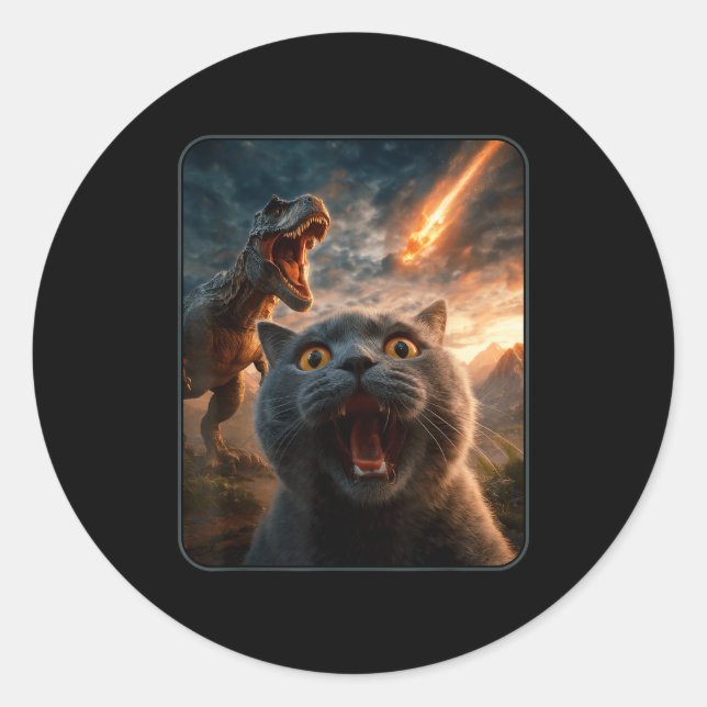 Adesivo Redondo Cat Selfie With T-rex Dinosaur Funny Cat T Rex Shi (Frente)