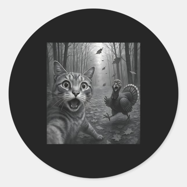 Adesivo Redondo Cat Selfie With Turkey Funny Happy Thanksgiving Da (Frente)