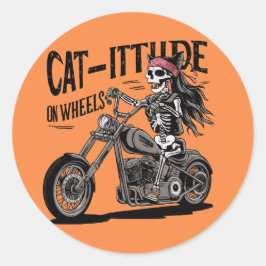 Adesivo Redondo Cat Skeleton Andando A Moto Cat-itude em onde