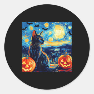 Adesivo Redondo Cat Starry Night Van Gogh Cat Bats Pumpkins