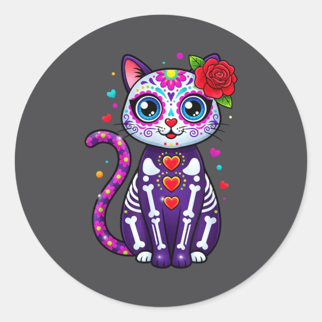 Adesivo Redondo Cat Sugar Skull Cute Cat For Cat Lover Cat-m  (Frente)