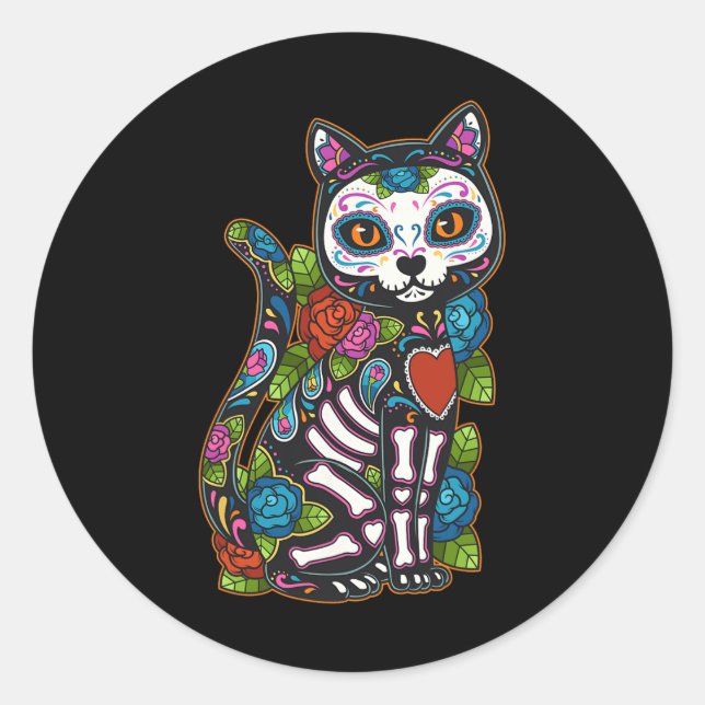 Adesivo Redondo Cat Sugar Skull México Calavera Dia De Los Muertos (Frente)