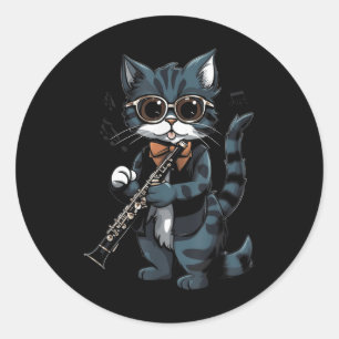 Adesivo Redondo Cat Tocando As Camisetas Gráficas Clarinet Para Mi