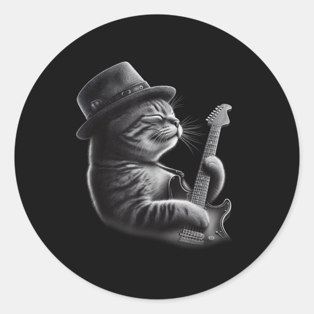 Adesivo Redondo Cat Tocando Violão - Gato de Violão Engraçado (Frente)