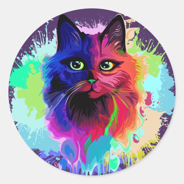 Adesivo Redondo Cat Trippy Psychedelic Pop Art (Frente)