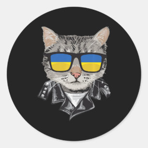 Adesivo Redondo Cat Ucrânia Flag Óculos de sol Legal Gatos Ucrania