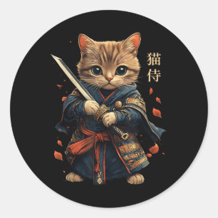 Adesivo Redondo Cat Warrior Japonês Samurai Cat Tattoo Kawaii Nin