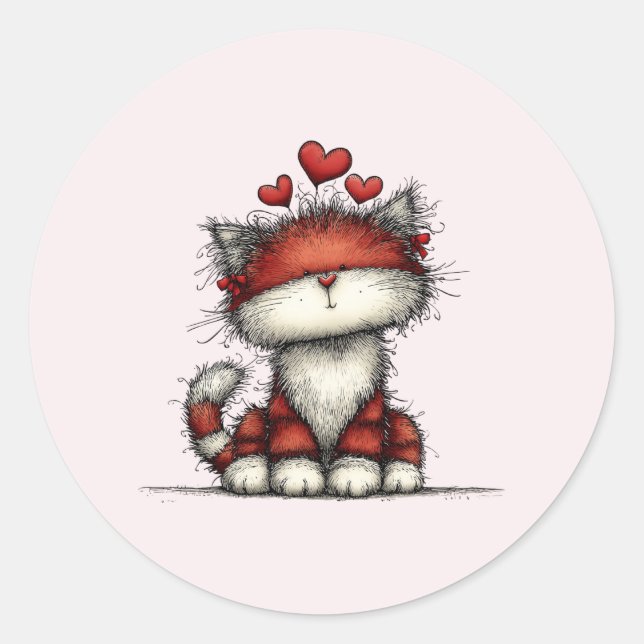 Adesivo Redondo Cat with Red Love Hearts Cute and Funny (Frente)