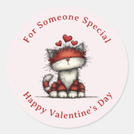 Adesivo Redondo Cat with Red Love Hearts Cute Fun Valentine's Day