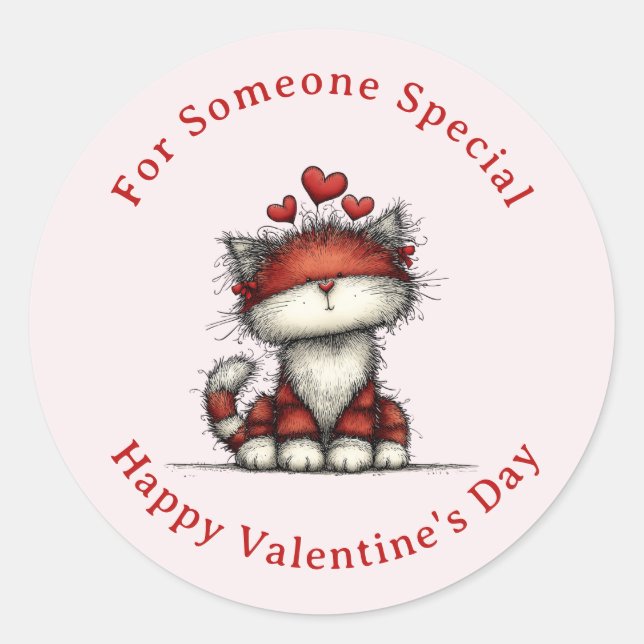 Adesivo Redondo Cat with Red Love Hearts Cute Fun Valentine's Day (Frente)
