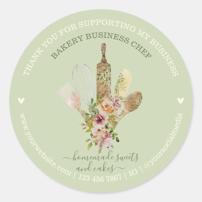 Adesivo Redondo Catering Bakery Chef Russo verde cinza (Frente)