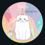 Adesivo Redondo Caticorn Cat Miow-Gical Birthday Kid<br><div class="desc">Linha de aniversário mágica de erva-doce para garotas em qualquer idade. Arco-íris bonito,  pastel com unicórnio de gato e estrelas. Outros suprimentos de terceiros também disponíveis. Tudo editável!</div>
