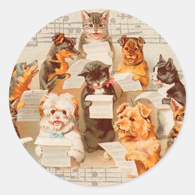 Adesivo Redondo Cats & Dogs Singing, Vintage Arthur Thiele (Frente)