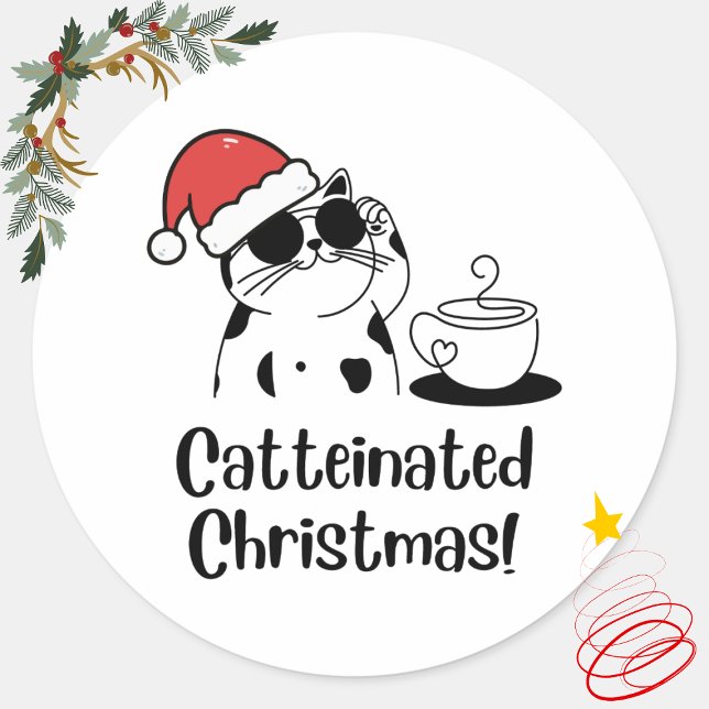 Adesivo Redondo Catteinated Christmas Coffee and Cat Lover Holiday (Criador carregado)
