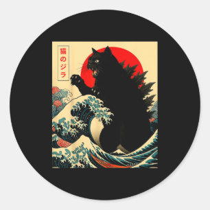 Adesivo Redondo Catzilla Gato Arte Japonês Engraçado Para Homens M