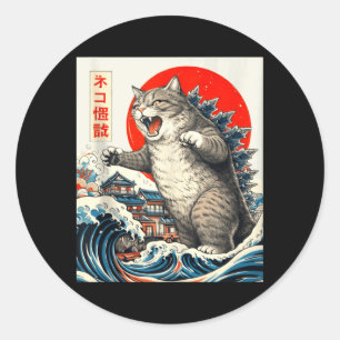 Adesivo Redondo Catzilla Gato Arte Japonês Gráfico de Gato Engraça