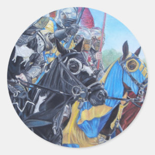Adesivo Redondo cavaleiros medievais históricos a jorrar em caval