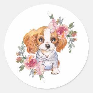 Adesivo Redondo Cavalier Cavalier King Charles Spaniel e Flores