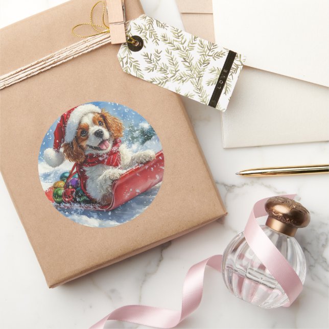 Adesivo Redondo Cavalier King Charles Spaniel Dog Sledge Natal (Presentear)
